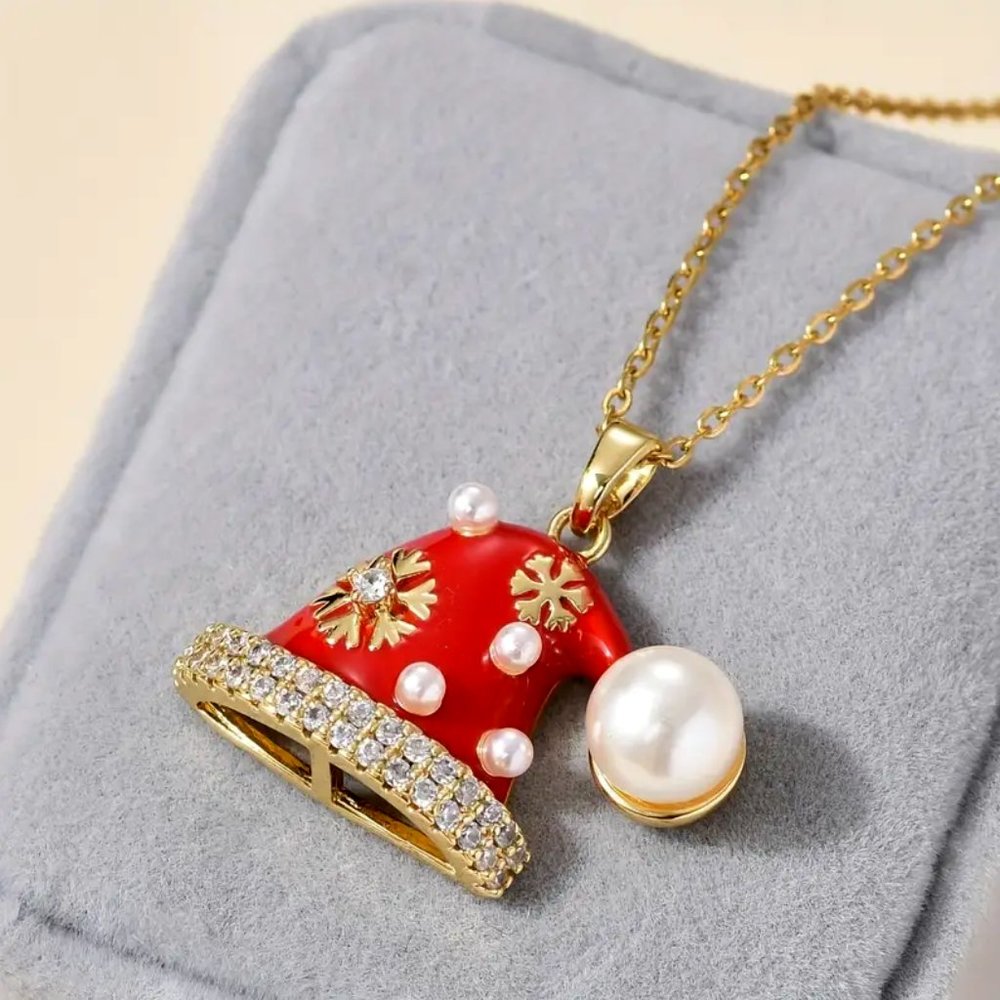 Sparkly Cubic Zircon And Freshwater Pearl • Christmas Santa Hat Necklace